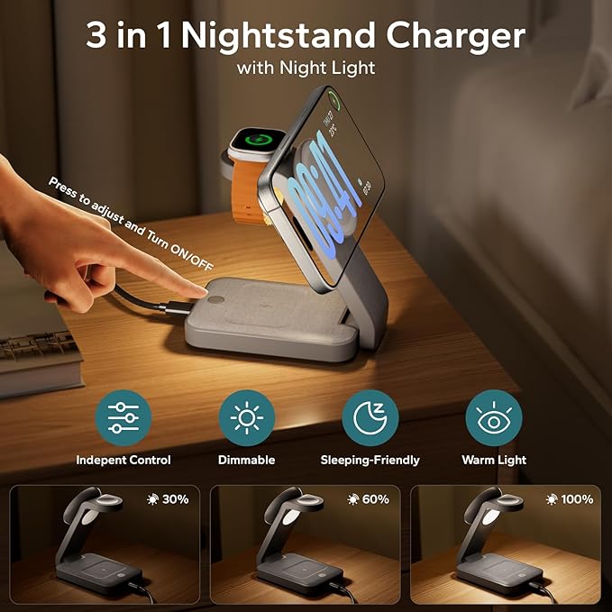 Eazpower 3 in 1 Foldable Wireless Charging Station for MagSafe, Nightstand Magnetic Charger Stand for iPhone 17 16 15 14 Pro Max, Travel Charging Dock with Night Light for Apple Watch/AirPods (Gray)