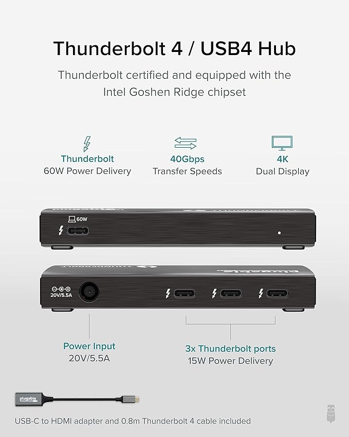 Plugable Thunderbolt 4 Hub Bundle with USB-C to 4K HDMI Adapter, 4-in-1 Hub Offers 60W Laptop Charging, Compatible with Mac, Windows Laptops, Thunderbolt 3 or 4, USB4 Device