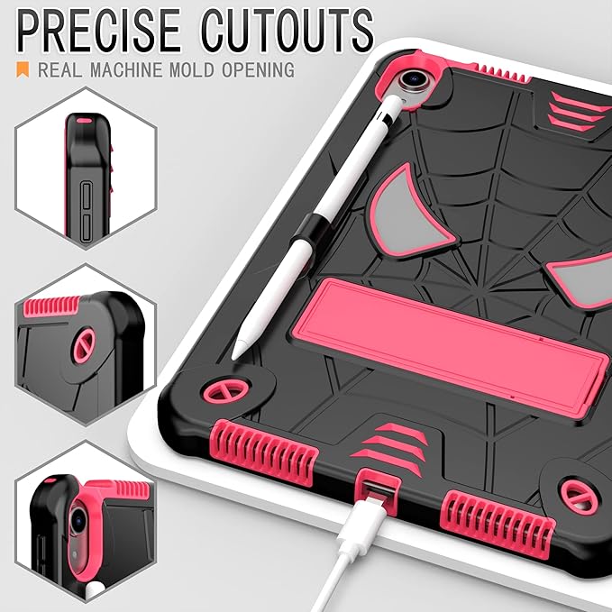 Dteck for iPad Air (3rd Generation) 2019/iPad Pro (2017 Release) Hard Case 10.5" with Kickstand, Shoulder Strap/Screen Protector Film/Stylus Included, Shockproof Cute Spider Kid's Cover, Black/Rose