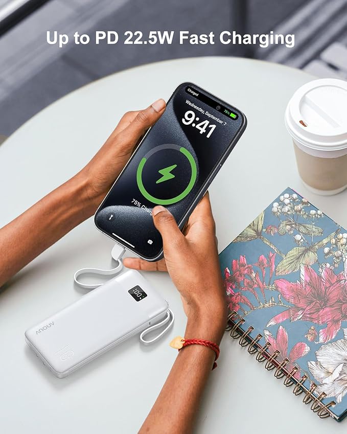 Portable Charger Built-in Cables and AC Wall Plug, 10000mAh 22.5W PD Fast Charging Power Bank, Lightweight Compact Battery Pack Travel Essentials for iPhone 17/16/15/14/13 Series,Samsung,Tablets