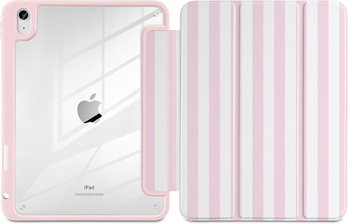 Case for iPad Air 11 inch M4 2026 M3 2025 M2 2024 Release with Pencil Holder - Cute Pink White Striped Trifold Cover with Clear Back Auto Sleep/Wake, Aesthetic Soft Protective Skin for Girls