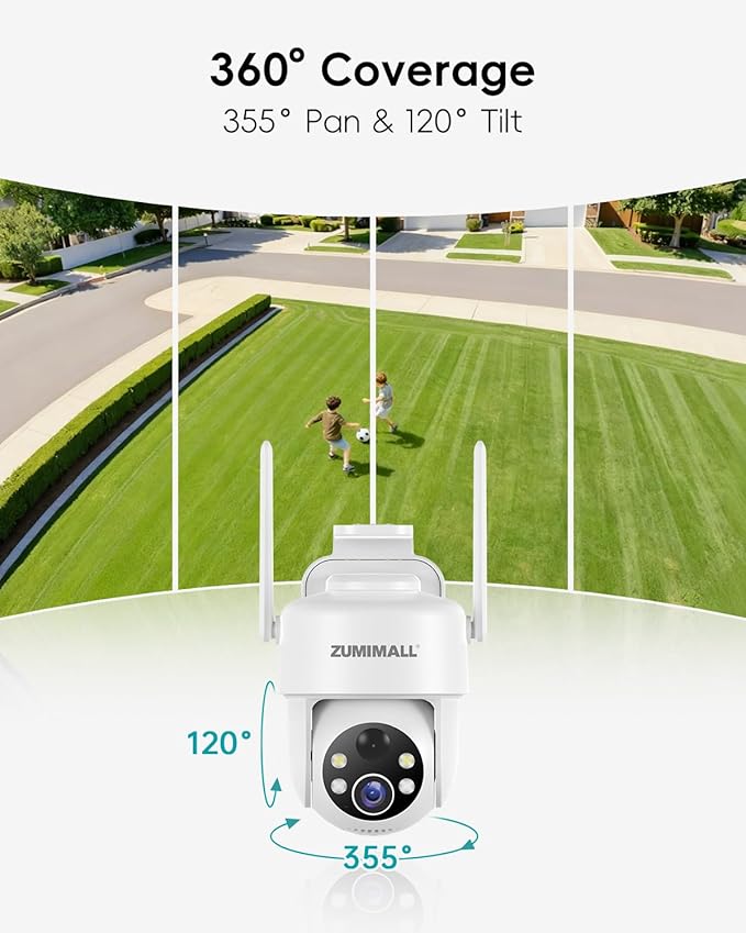 ZUMIMALL 2K Solar Security Cameras Wireless Outdoor, 360° PTZ Camera for Home Security with Color Night Vision, Flexible Mount, PIR Motion, 2-Way Talk, Free Cloud Storage, Compatible with Cloudedge