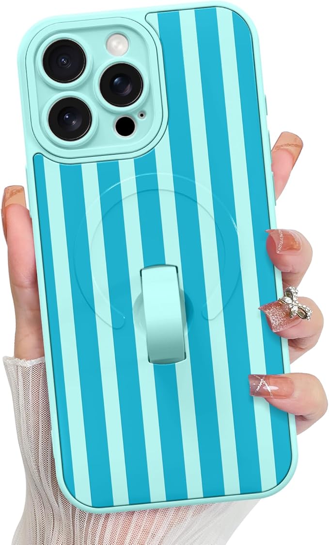 KANGHAR Compatible with iPhone 15 Pro Case, Support for MagSafe, Silicone Stripes Cute Pattern, Wristband Kickstand Camera Protection Soft Slim Cover for Girls Women -Blue