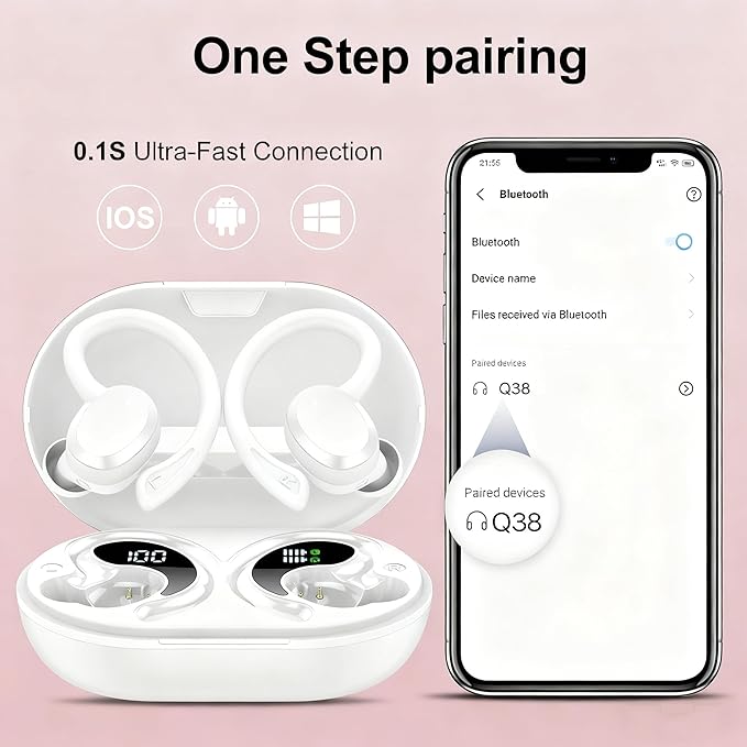 sprtoybat Wireless Earbuds, 2026 New Bluetooth 5.4 Headphones Sport Earphones with 68Hrs Playtime LED Display ENC Noise Cancelling Mic, IPX7 Waterproof Over Ear Ear Buds with Hook for Sports/Running