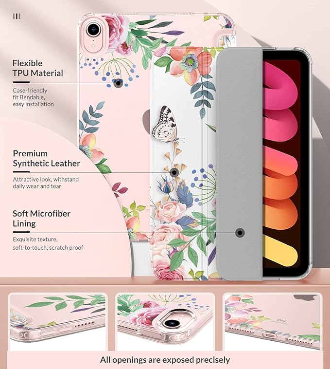 MoKo Case Fit New iPad mini 7 (A17 Pro) 2024, iPad mini 6th Generation Case 2021 (8.3-inch), iPad mini 6 Case, Soft TPU Translucent Frosted Back Cover Case for iPad mini 7th, Fragrant Flowers