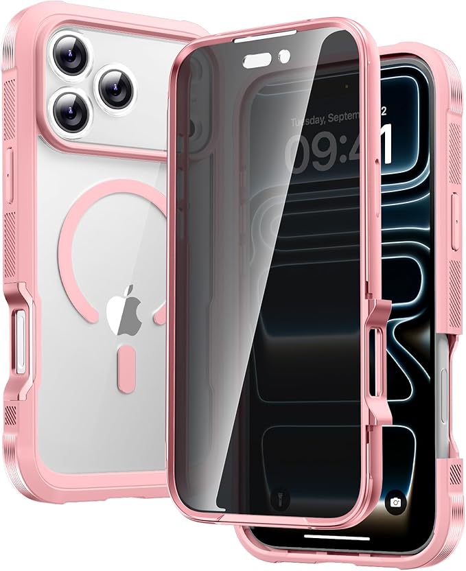 Diaclara Magnetic Designed for iPhone 17 Pro Max Case Full Body Bumper,[Compatible with MagSafe] Military Drop Proof Cover with Built-in Privacy Screen Protector,Pink
