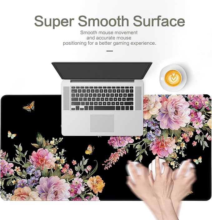 Pink Flower Desk Mat Mouse Pad Waterproof, Butterfly Floral XXL Extended Large Gaming Desk Pad Mousepad, Black Computer Laptop Keyboard Mouse Mat for Women Girls Work, Game, Office, Home 31.5x15.7 in
