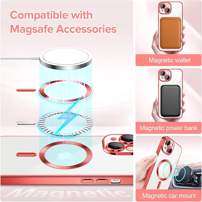 Hython Magnetic Clear for iPhone 14 Plus Case with Camera Lens Protector [Compatible with MagSafe] Luxury Plating Edge Slim Soft TPU Cover Protective Phone Case for iPhone 14 Plus 6.7", Red