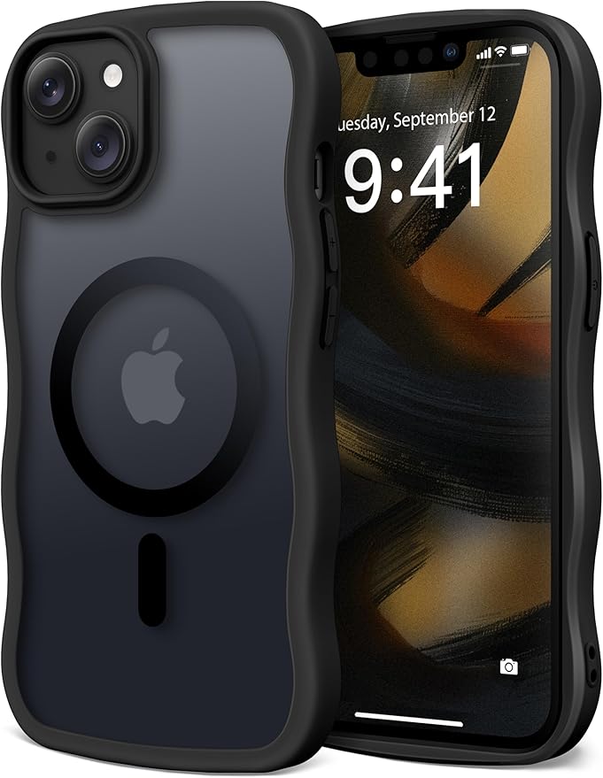 CAPRARO Cute for iPhone 13 Case & iPhone 14 Case, Compatible with MagSafe, [Curly Wave Edge] [Camera Protection] [14 FT Drop Protection] Magnetic for iPhone 13/14 6.1 Inch, Black