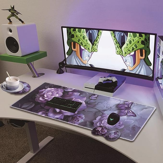 Extended Non-Slip Mouse Pad + Mouse Wrist Rest + Lace-Shaped Coaster Set, Ergonomic Design, Suitable for Desk and Home Gaming Table Mat, Purple Rose