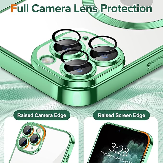 Hython Magnetic Clear for iPhone 11 Pro Max Case with Camera Lens Protector [Compatible with MagSafe] Plating Edge Slim Soft TPU Cover Protective Phone Case for iPhone 11 Pro Max 6.5", Light Green