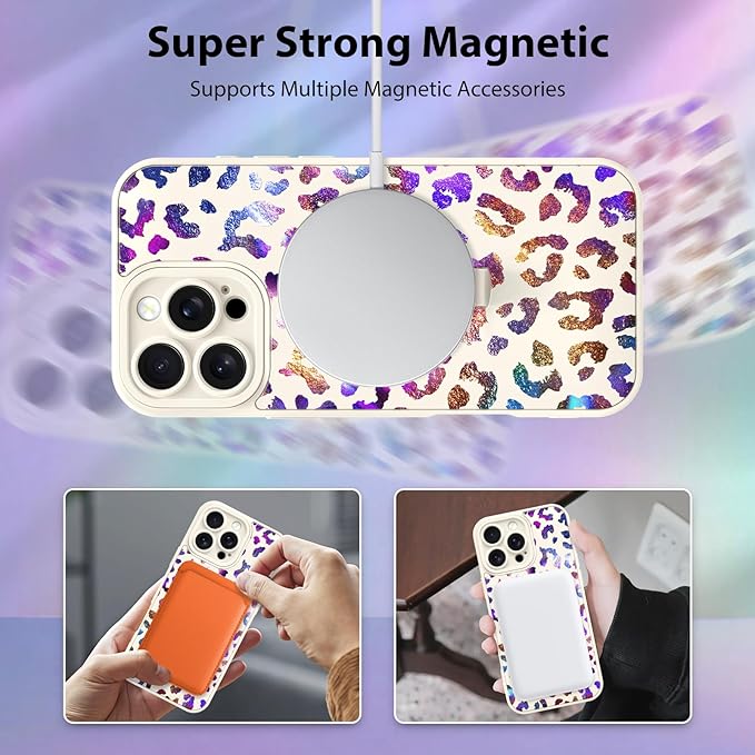 KANGHAR Compatible with iPhone 16 Pro Case, Support for MagSafe, Silicone Cute Iridescent Leopard Cheetah Pattern, Wristband Kickstand Shockproof Protective Slim Cover for Women Girls, White