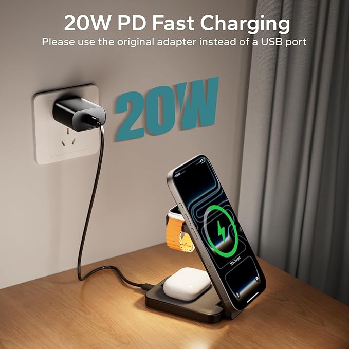 Eazpower 3 in 1 Foldable Wireless Charging Station for MagSafe, Nightstand Magnetic Charger Stand for iPhone 17 16 15 14 Pro Max, Travel Charging Dock with Night Light for Apple Watch/AirPods (Black)