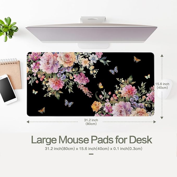 Pink Flower Desk Mat Mouse Pad Waterproof, Butterfly Floral XXL Extended Large Gaming Desk Pad Mousepad, Black Computer Laptop Keyboard Mouse Mat for Women Girls Work, Game, Office, Home 31.5x15.7 in