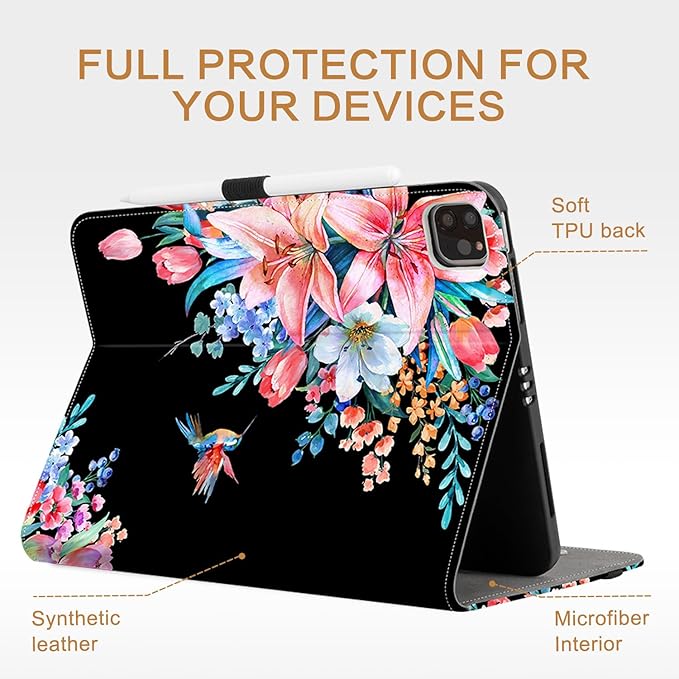 Vimorco for iPad Air M4/M3/M2 11 Inch Case 2026,for iPad Air 5th/4th Gen Cases,for iPad Pro 11 Inch Case 4th/3rd/2nd/1st Generation 360 Degree Rotating Pencil Holder 5 Viewing Angles,Black Flower Bird
