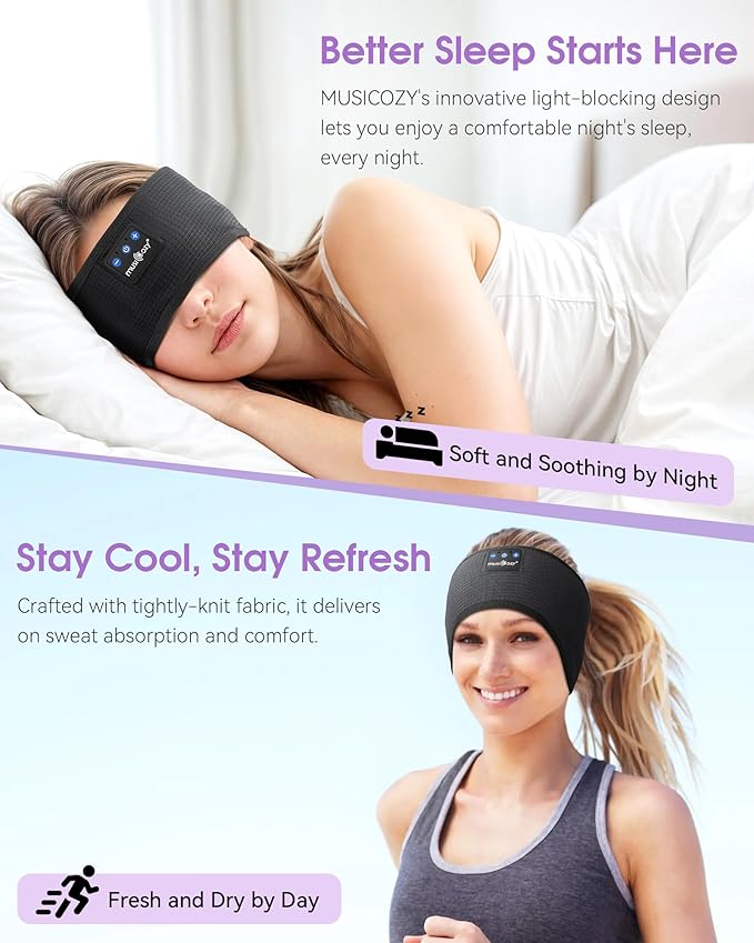 MUSICOZY Audífonos para Dormir con Bluetooth 5.4 tipo Banda para la Cabeza, Auriculares Inalámbricos con Altavoces Estéreo HD, Antifaz para Dormir Ideal para Ejercicio, Correr, Viaje y Yoga