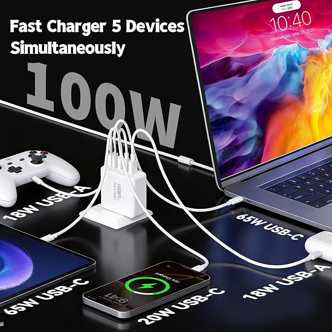 100W GaN USB C Charger Block,5-Port Type C Wall Charger Fast Charging, PD Power Adapter+QC Plug Multiport Type C Box Brick Cube Compatible with Apple iPhone 17 Air 16 15 14 13 12 Pro Max,MacBook,iPad
