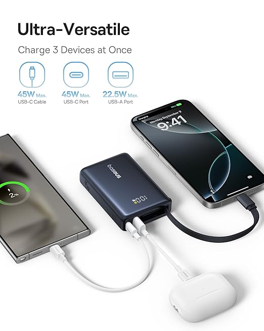 Baseus Power Bank, Picogo 10000mAh 45W 3-Output Portable Charger with Built-in USB-C Cable, PPS/PD QC Fast Charging External Battery Pack for iPhone 17/16/15/14/13, Samsung S25/S24, MacBook Pro, iPad