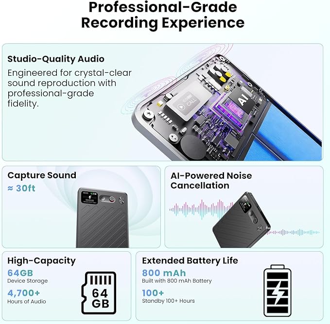 AI Voice Recorder, Note Taking Device, Transcribe & Summarize, Voice Recorder With Display, App Control, Supports 132+ Languages, 100H, 64GB, Magnetic Audio Recorder for Lectures Meetings Calls, Black