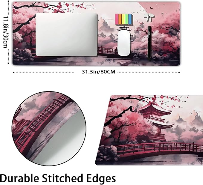 Pink Japanese Cherry Blossom Large Mouse Pad XL Sakura Forest Tree Sun Tower Mountain Extended Large Desk Mat Big Desk Pad 80X30 CM Non-Slip Rubber Base Stitched Edge Long Mousepad,31.5×11.8 Inch