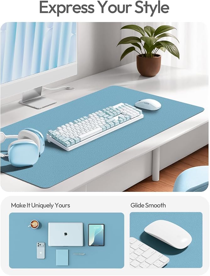 YSAGi Leather Desk Protector, Office Mat, Large Mouse Mat, Non-Slip PU Leather Blotter, Laptop Desk Mat, Waterproof Writing Pad for Office and Home (Sea Blue, 47" x 17")