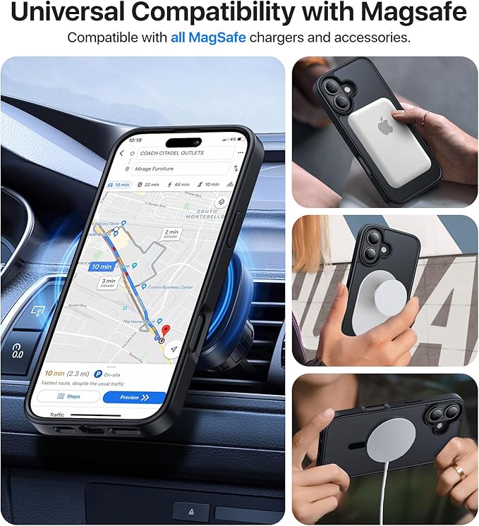Magnetic for iPhone 16 Case, [Compatible with MagSafe][Military-Grade Drop Protection][Anti-Yellowing] Shockproof Protective Translucent Matte Cover for iPhone 16 Phone Case,Black