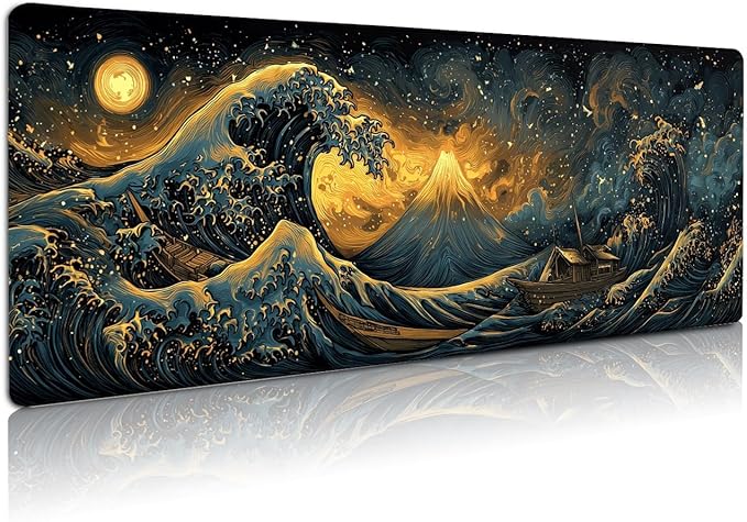 Extended Gaming Mouse Pad, Large Mouse Mat 3 mm Nature Rubber Base Mousepad with Stitched Edges, Non-Slip Desk Mat for Office Home Great Gift 31.5x11.8 Inch (Great Wave 2)