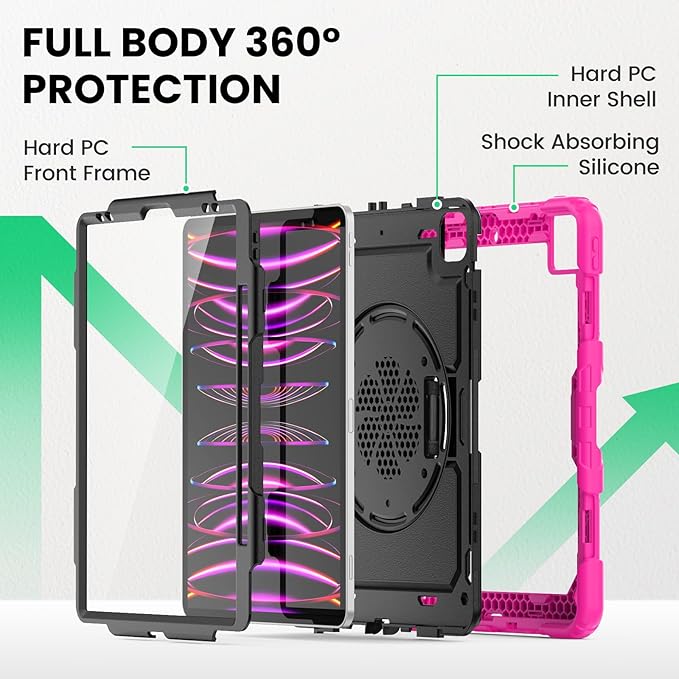 SEYMAC Kids Case for iPad Pro 12.9 2022/2021/ 2020/2018, Heavy Duty Protection Shockproof Case with Screen Protector, 360° Rotating Stand/Handle/Shoulder Strap, Supports Pencil 2 Charging, Pink