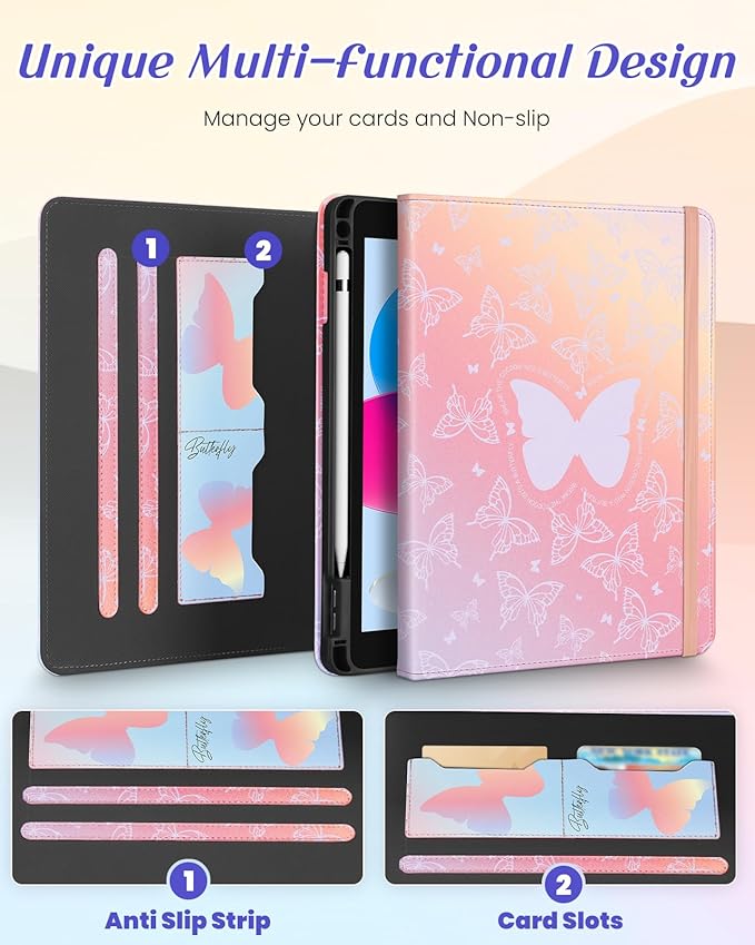 Kidcube for iPad 10th Generation Case 2022, for iPad (A16) Case 11th Generation 2025 - Women Girls Cute Rotating Stand Folio Cover with Pencil Holder & Card Slot Girly Kawaii Butterfly Design Cases