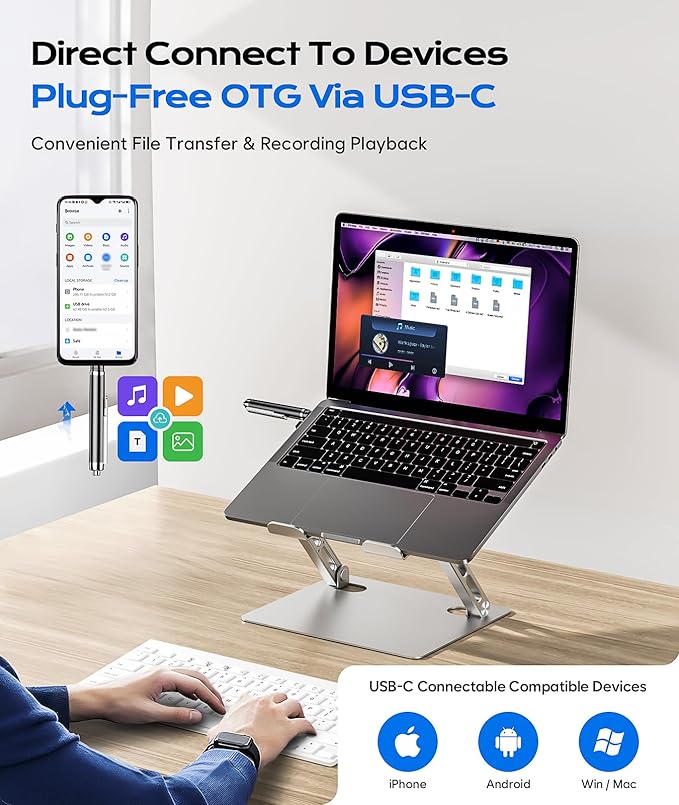 128GB (9800Hrs) Voice Recorder w/Type-C, Portable OTG File Transfer Recording Device, Voice Active Recorder with One-Touch Start, Portable Audio Recorder for Meeting, Interviews, Class, Work