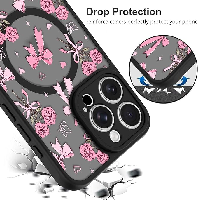KANGHAR Case Compatible with iPhone 15 Pro Max Bows Bouquet Pattern [Compatible with Magsafe] Cute Flowers Florals Protective Magnetic Case for Girls Women Men