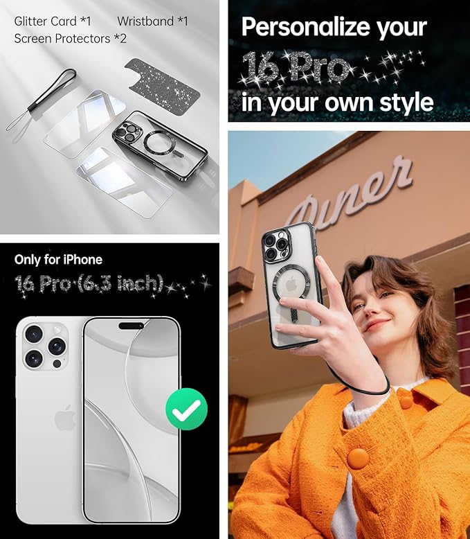 Meifigno Designed for iPhone 16 Pro Case 6.3", [Glitter Card & Wrist Strap] [Compatible with MagSafe] [2X Screen Protectors] Surround Lens Protection Designed for 16 Pro Case, Black Titanium