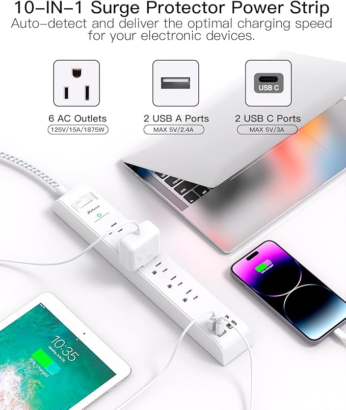 Surge Protector Power Strip 10 ft with 4 USB Ports 2 USB-C 6 AC Outlets, Flat Plug Extension Cord, USB Charging Station, Wall Mountable for Home, Office, Dorm Essentials, 1080J, ETL Listed