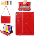 Handbag Case for iPad (A16) 11" 2025 & iPad 10th Gen 10.9", Techcircle Folio Stand PU Leather Multi-Card Slots Envelope Pocket Wallet Cover with Hand Strap+Shoulder Strap+Pen Holder, Red