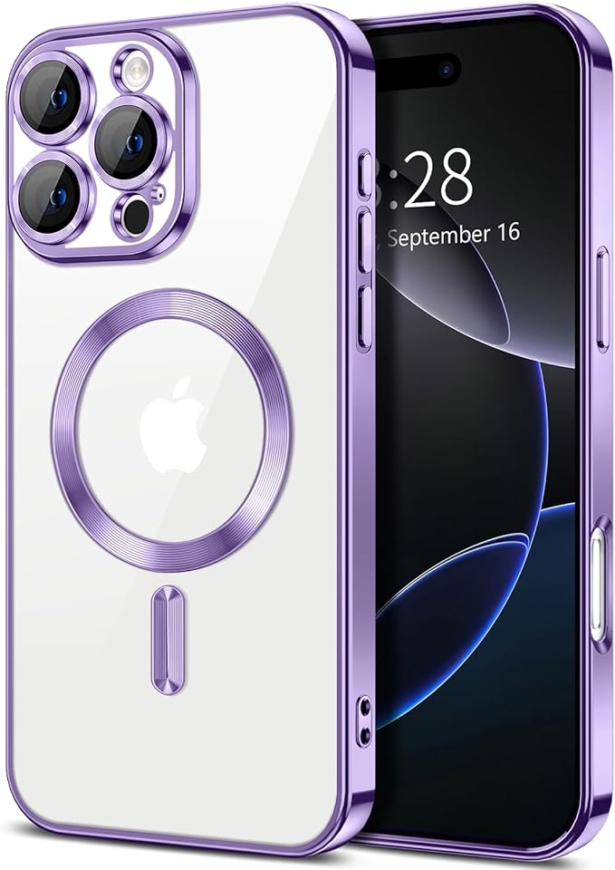 Hython Magnetic Clear for iPhone 16 Pro Case with Camera Lens Protector [Compatible with MagSafe] Luxury Plating Edge Slim Soft TPU Cover Protective Phone Case for iPhone 16 Pro 6.3", Light Purple