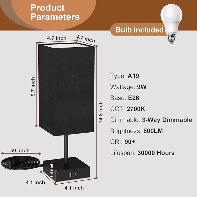 Bedside Table Lamps Set of 2, Touch Bedroom Lamp with USB C+A Charging Ports, 3 Way Dimmable Lamps for Night Stands, Small Table Lamp for Bedroom Decor, LED Bulbs Included, Upgraded Black
