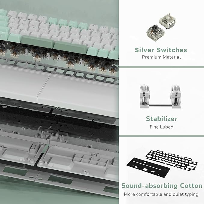 RK ROYAL KLUDGE RKS70 Ergonomic Split Keyboard, Wireless PC Gaming Keyboard with Bluetooth/2.4G/Wired, Hot Swappable Mechanical Keyboards w/Fixed Wrist Rest, PBT Keycaps, Linear Switches, White