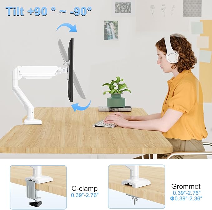 Single Monitor Mount Arm Fits up to 32 Inch, Desk Mount Holds 4.4-19.8lbs Computer Screen, Full Motion Gas Spring,VESA, White