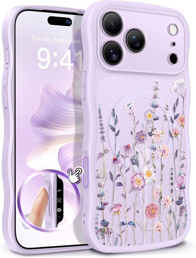 GVIEWIN for iPhone 17 Pro Case Compatible with MagSafe [Curly Wave Edge][Full Camera Protection] Floral Translucent Shockproof Magnetic Women Phone Case for iPhone 17 Pro 6.3'', Floratopia/Purple