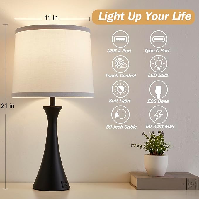 Touch Lamp for Living Room Bedroom, 21" Table Lamps Set of 2 with USB C+A Ports and White Lamp Shades, Touch Bedside Lamps for Nightstand with 3 Way Dimmable, 2 LED Bulbs Included