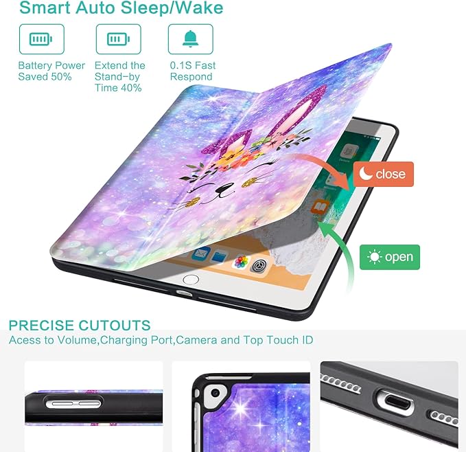 for iPad 9th Generation Case, iPad 8th Generation Case, iPad 7th Generation Case, iPad Air 3rd Generation 10.5-inch case Multi-Angle View Adjustable Stand Auto Wake/Sleep Galaxy Purple Rabbit