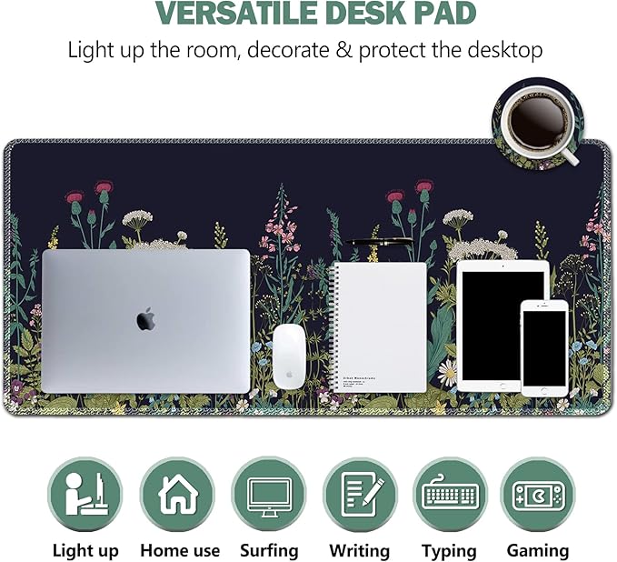 AIMSA Large Gaming Mouse Pad Extended Mouse Pad with Stitched Edge, Keyboard Mouse Mat Non-Slip Rubber Base Desk Pad 31.5x11.8 inch for Office Home Game Work, Flowers Plants