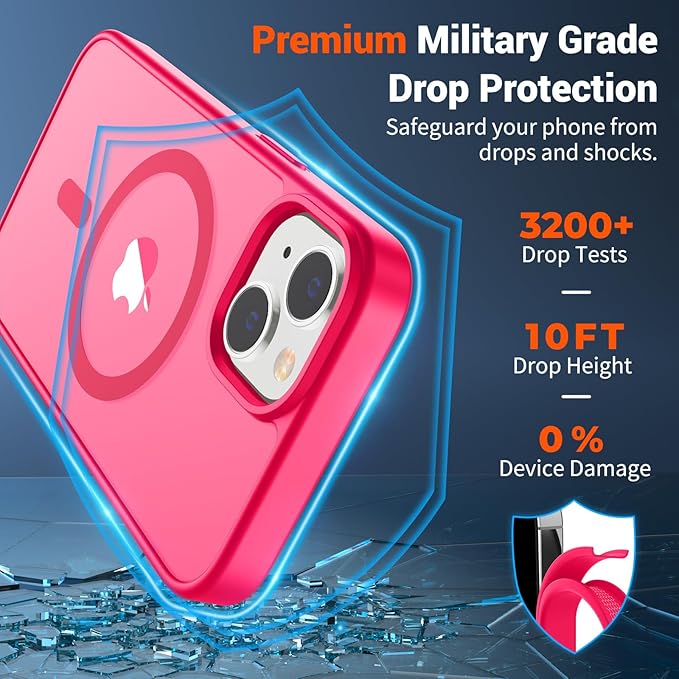 SUPFINE Magnetic for iPhone 15 Plus Case & iPhone 14 Plus Case(Compatible with MagSafe)(Military Grade Drop Protection) Slim Translucent Shockproof with Anti-Fingerprint Phone Case,Hot Pink