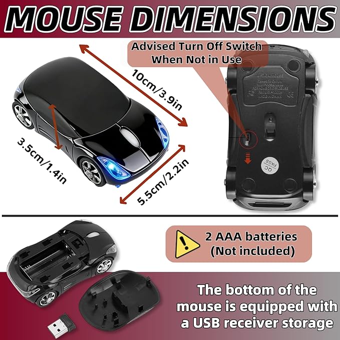 Black Wireless Mouse，Mini Car Computer Mouse，1600DPI 2.4G with USB Receiver, Ergonomic Cute Computer Mice for Laptop, PC, Windows, Mac OS (Black)