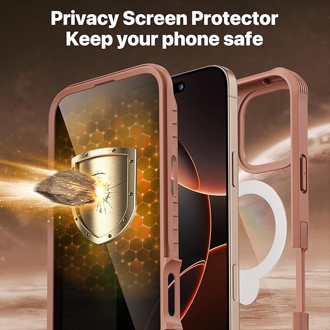 CENHUFO for iPhone 16 Pro Max Case, Compatible with Magsafe Full Body Phone Case Built-in 9H Tempered Glass Privacy Screen Protector and 360° Spin Magnetic Stand Ring Camera Lens Cover -Desert Brown