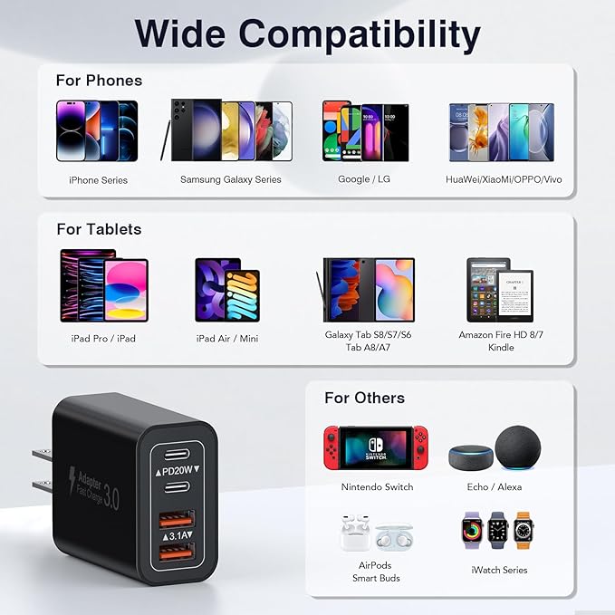 [2 Pack/40W] 4-Port USB C Wall Charger Block, Fast Type C Power Brick Charging Cube Power Delivery Wall Plug for iPhone 17/1615/14/13/12/14 Pro/13 Pro, Huawei, Xiaomi, Oneplus, Galaxy(Black)