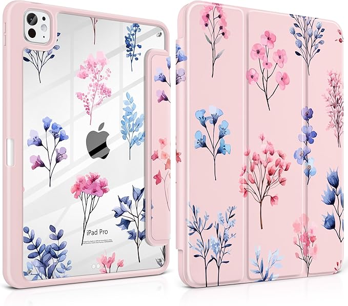 Case for iPad Pro 13 inch (M5) 2025 (M4) 2024 Release Slim Lightweight Cute Light Pink Cover with Clear Back TPU Edge Pencil Holder Trifold Stand, Hand-Drawn Florals
