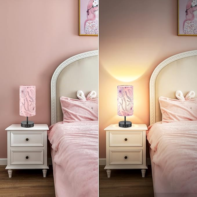 CINSARY Touch Control Bedside Lamp with 2 USB Ports, 3-Way Dimmable Table lamp for Bedroom, Nightstand Lamp with Round Pink Flower Fabric Shade for Living Room Home Office (E26 LED Bulb Included)