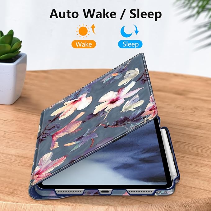 Fintie Rotating Case for iPad Pro 11-inch (M5) 2025 / (M4) 2024 - [Built-in Pencil Holder] 360 Degree Swiveling Smart Stand Protective Cover, Auto Sleep/Wake, Blooming Hibiscus