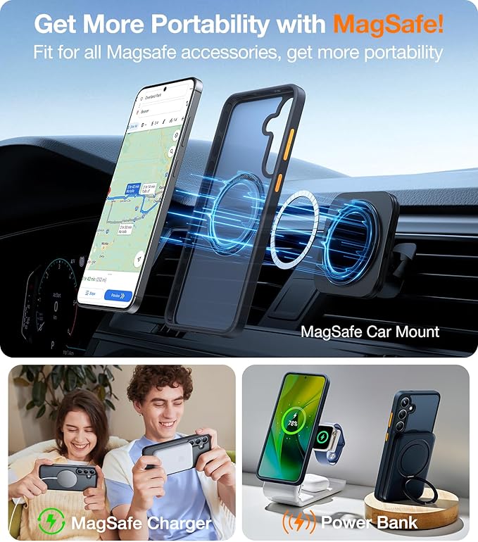 TORRAS Magnetic Shockproof Case for Samsung Galaxy S25 Plus, [12FT Military Grade Protection] [Fit for MagSafe], Translucent Slim Case for Samsung S25+Plus Case Anti-Fingerprint Anti-Scratch, Black